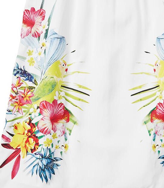 Bird & Floral Print Trapeze Dress