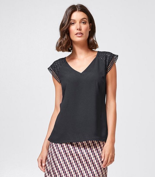 Preview Lace Yoke Woven/Knit Top - Black