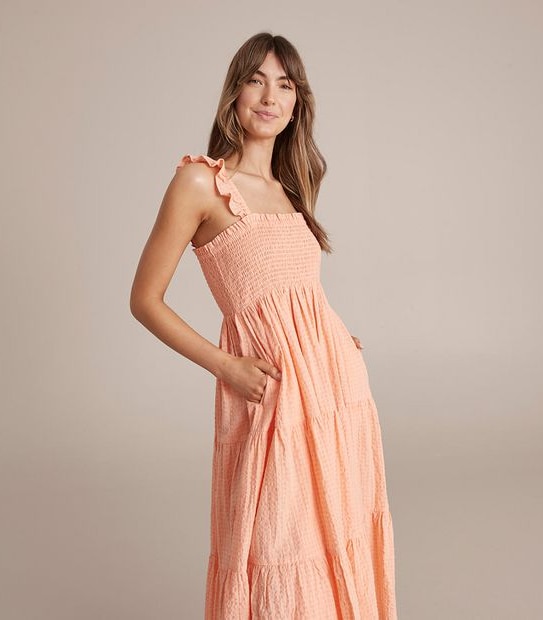 Frill Shirred Midi Dress