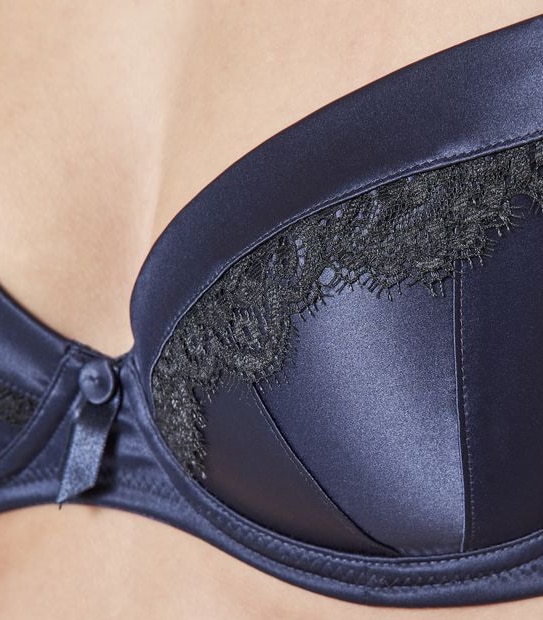 Preview Lace and Satin Eyelash Balconette Bra - Navy Blue/Black