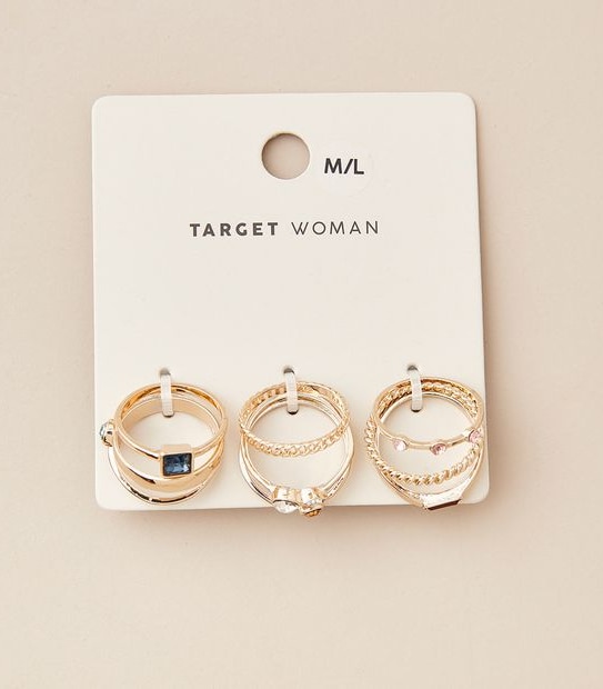 9 Pack Bejewelled Metal Ring Set