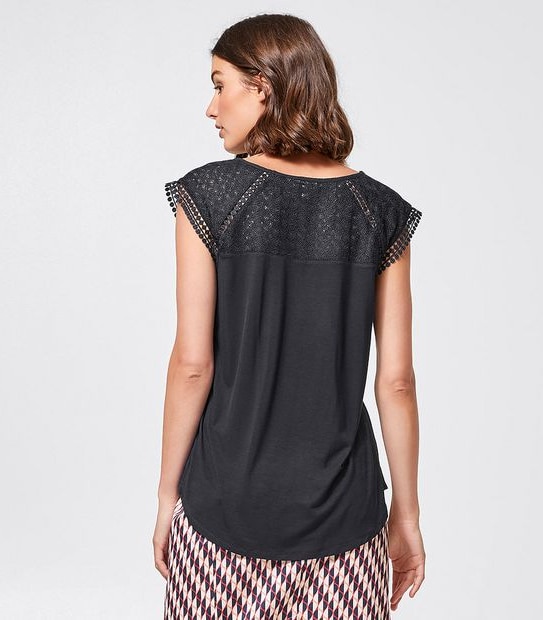 Preview Lace Yoke Woven/Knit Top - Black