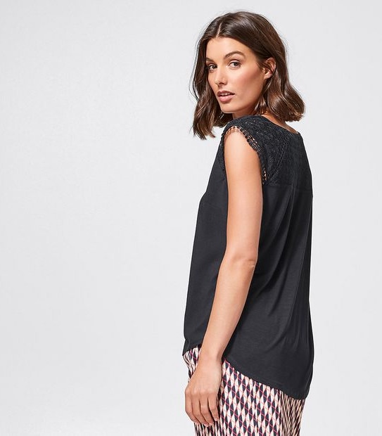 Preview Lace Yoke Woven/Knit Top - Black