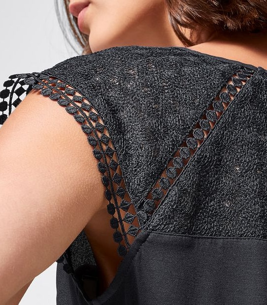 Preview Lace Yoke Woven/Knit Top - Black