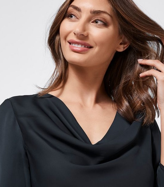 Preview Elbow Sleeve Woven Cowl Neck Top - Black