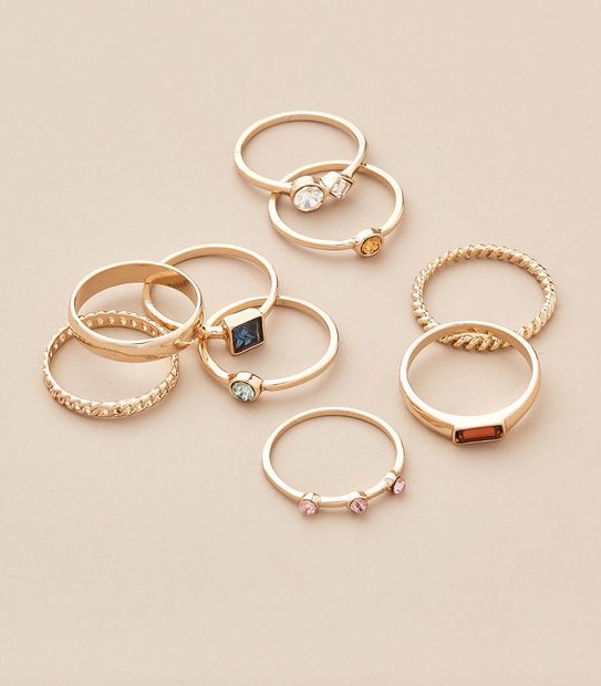 9 Pack Bejewelled Metal Ring Set