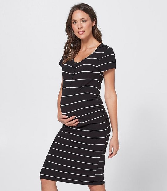 Maternity Bodycon Placket Dress - Black/White Stripe