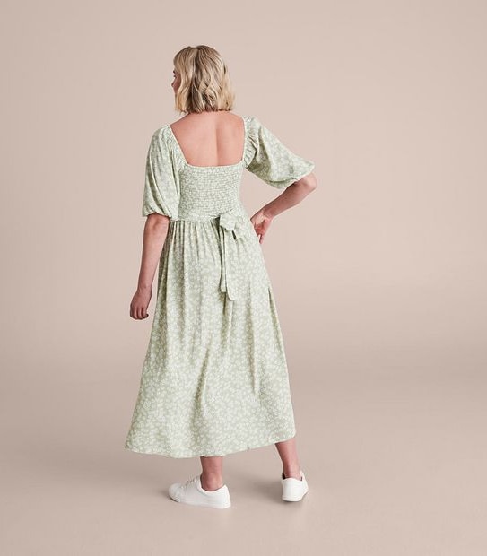 Maternity Puff Sleeve Shirred Bodice Dress