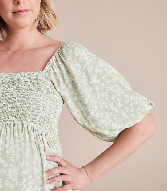 Maternity Puff Sleeve Shirred Bodice Dress