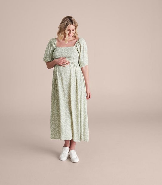 Maternity Puff Sleeve Shirred Bodice Dress