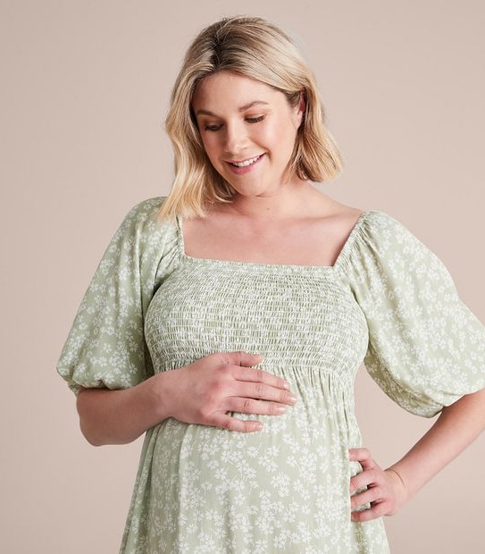 Maternity Puff Sleeve Shirred Bodice Dress