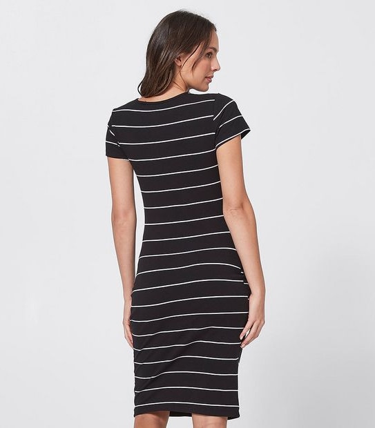 Maternity Bodycon Placket Dress - Black/White Stripe