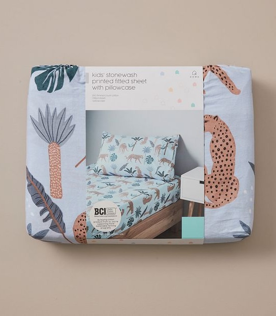 Stonewash Jungle Printed Fitted Sheet with Pillowcase