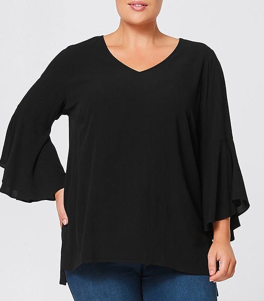 Belle Curve Flare Sleeve Top -Black