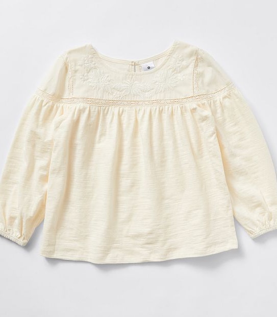 Long Sleeve Embroidered Panel Blouse - Cream