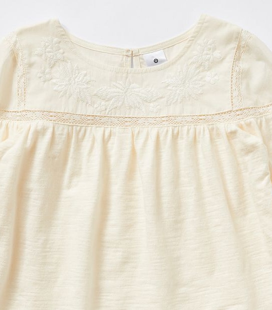 Long Sleeve Embroidered Panel Blouse - Cream