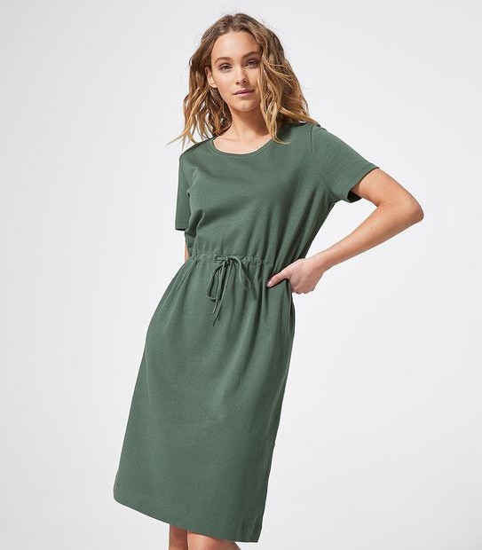Organic Cotton Short Sleeve Knit Waisted Dress - Khaki Green