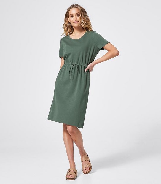 Organic Cotton Short Sleeve Knit Waisted Dress - Khaki Green