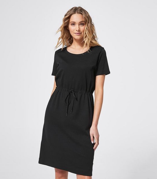 Organic Cotton Short Sleeve Knit Waisted Dress - Black