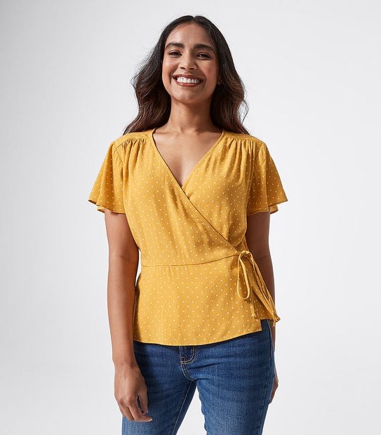Dannii Minogue Petites Short Sleeve Wrap Top - Yellow/White Spot