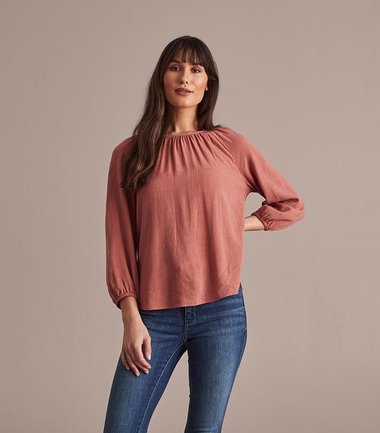 Linen Blend Perry Gathered Neck Blouse