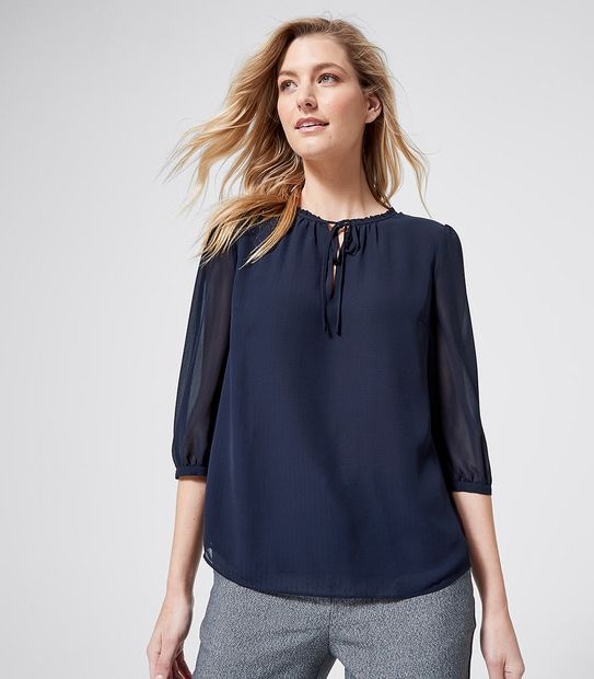 Preview 3/4 Sleeve Dobby Tie Neck Blouse - Midnight Blue