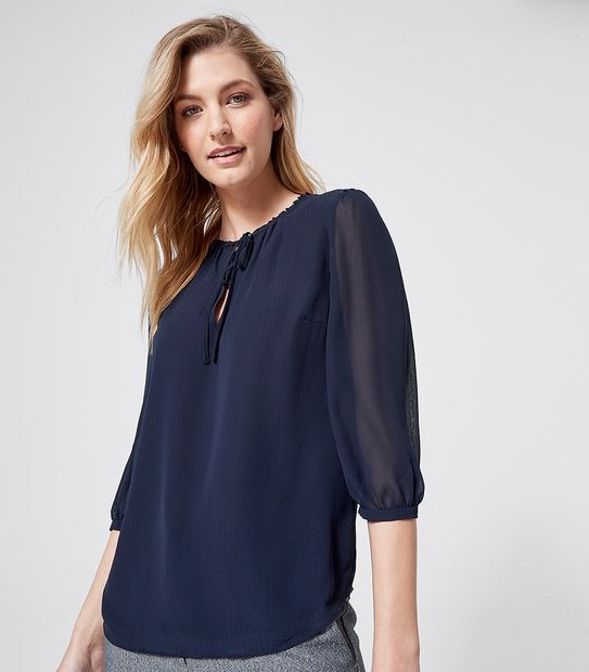 Preview 3/4 Sleeve Dobby Tie Neck Blouse - Midnight Blue