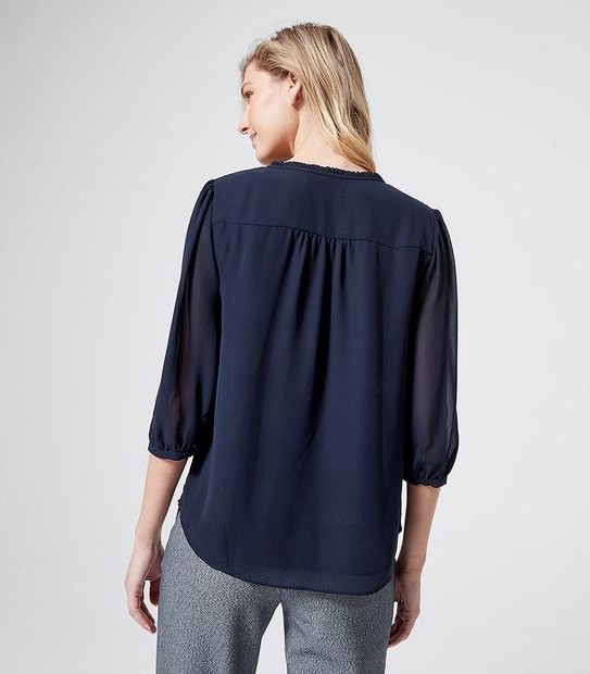 Preview 3/4 Sleeve Dobby Tie Neck Blouse - Midnight Blue
