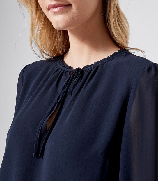 Preview 3/4 Sleeve Dobby Tie Neck Blouse - Midnight Blue