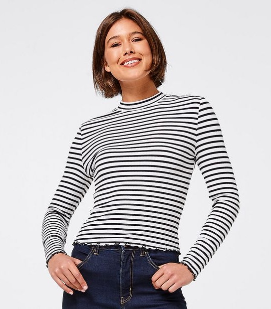 Lily Loves High Neck Ribbed T-Shirt - Black/White