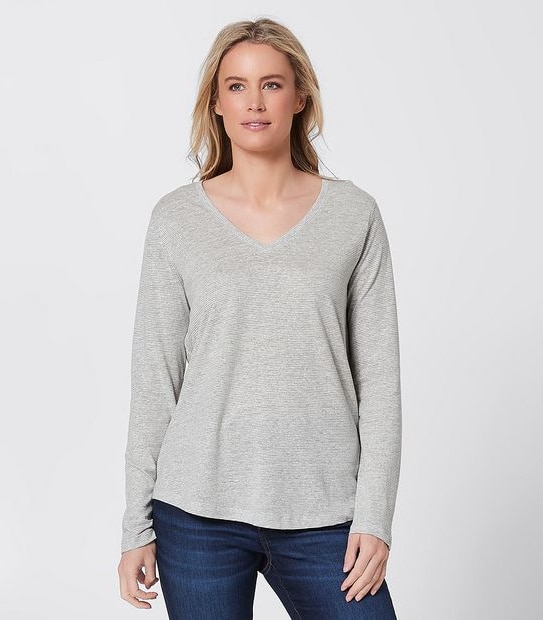 Linen Blend V-Neck Top - Grey Marle Stripe