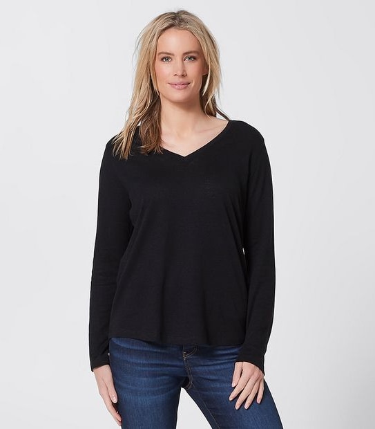 Linen Blend V-Neck Top - Black