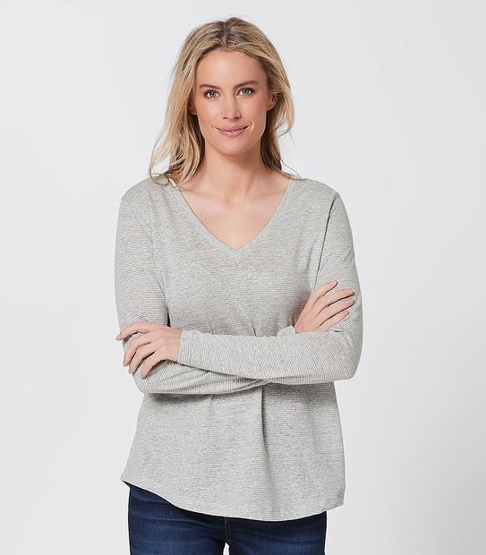 Linen Blend V-Neck Top - Grey Marle Stripe