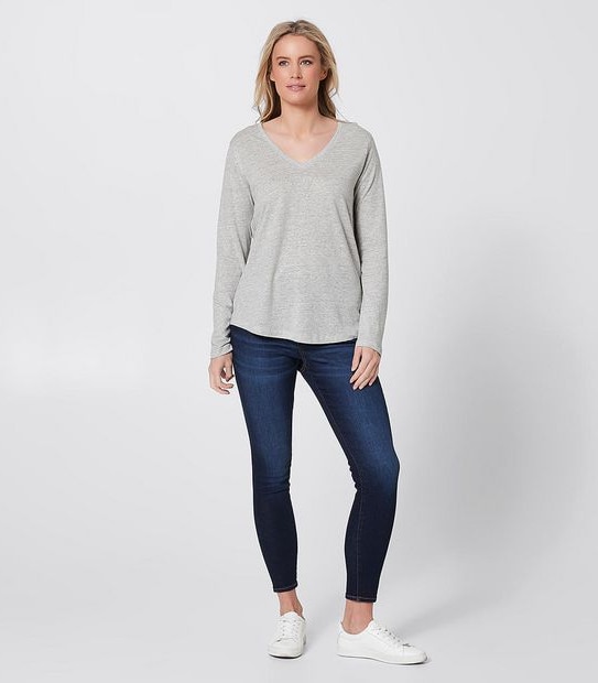 Linen Blend V-Neck Top - Grey Marle Stripe