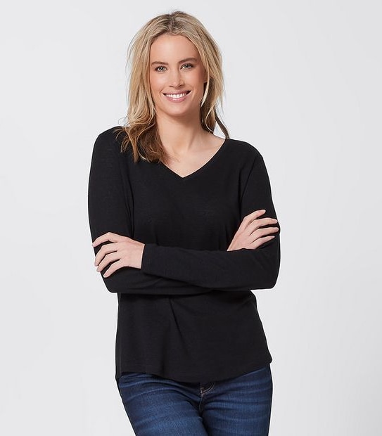Linen Blend V-Neck Top - Black