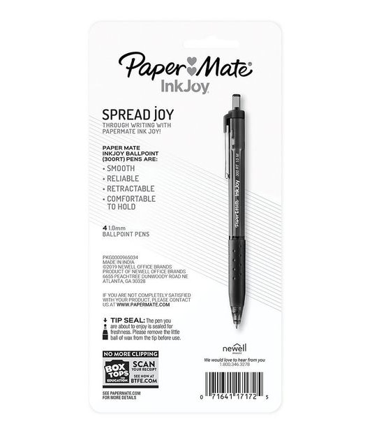 4 Pack Paper Mate InkJoy 300RT Retractable 1.0mm Ballpoint Pen - Black