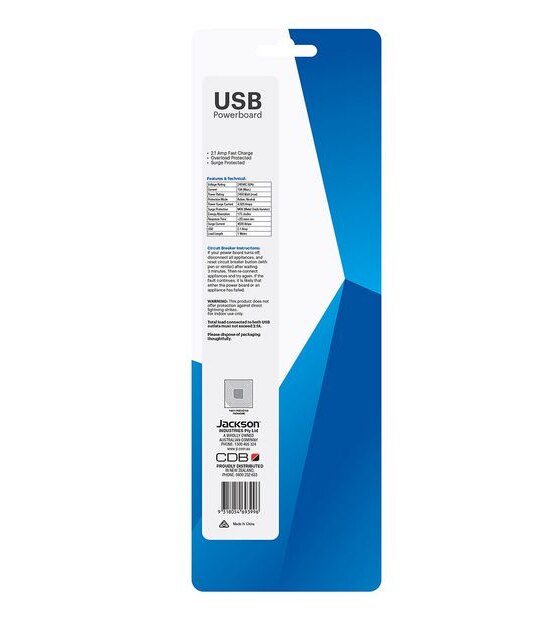 Jackson 4 Outlet & 2 USB Surge Powerboard PT2929SUSB Target Australia