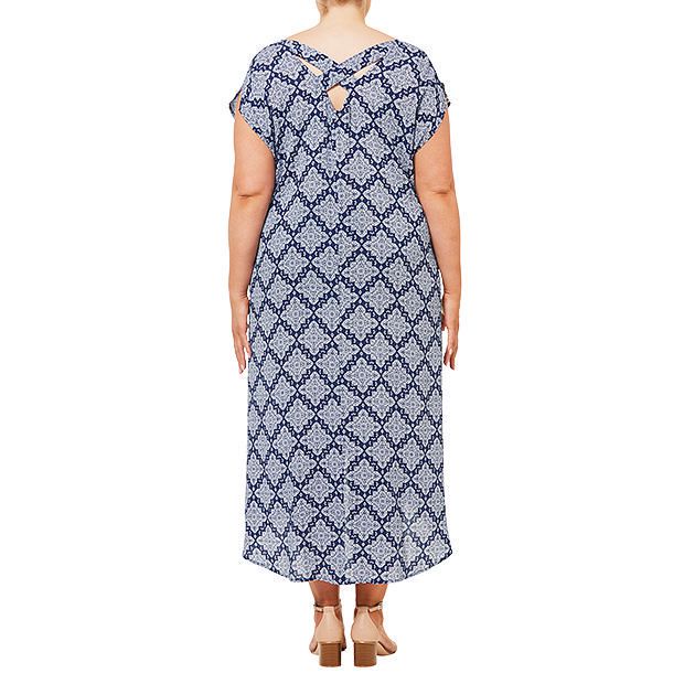 Belle Curve Cross Back Printed Maxi Dress - Navy Blue/ White | Target Australia