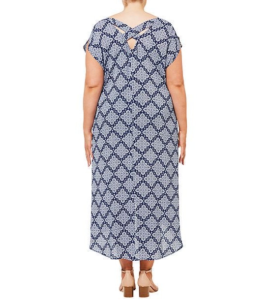 Belle Curve Cross Back Printed Maxi Dress - Navy Blue/ White