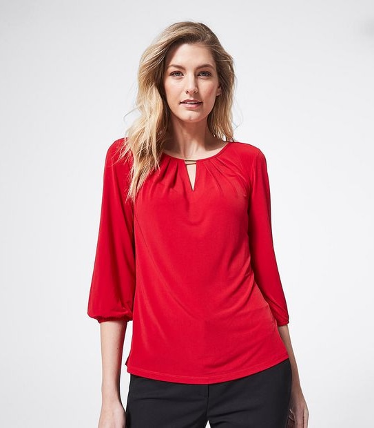 Preview 3/4 Sleeve Knit Shell Top with Trim - Siren Red