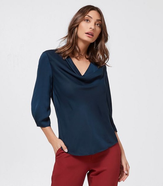 Preview Elbow Sleeve Woven Cowl Neck Top - Navy Blue