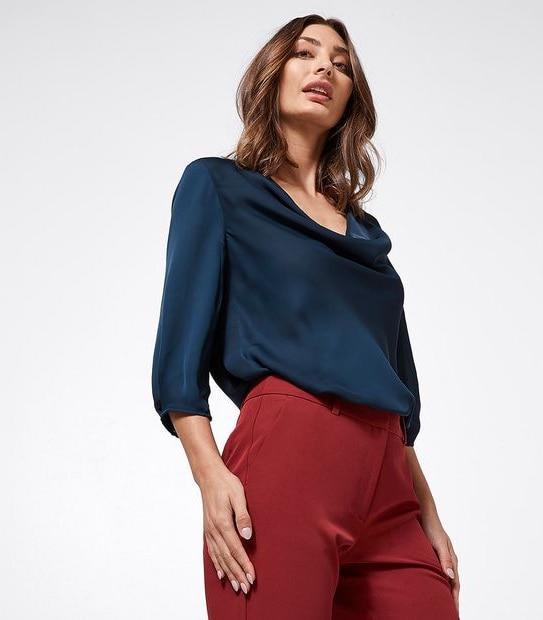 Preview Elbow Sleeve Woven Cowl Neck Top - Navy Blue