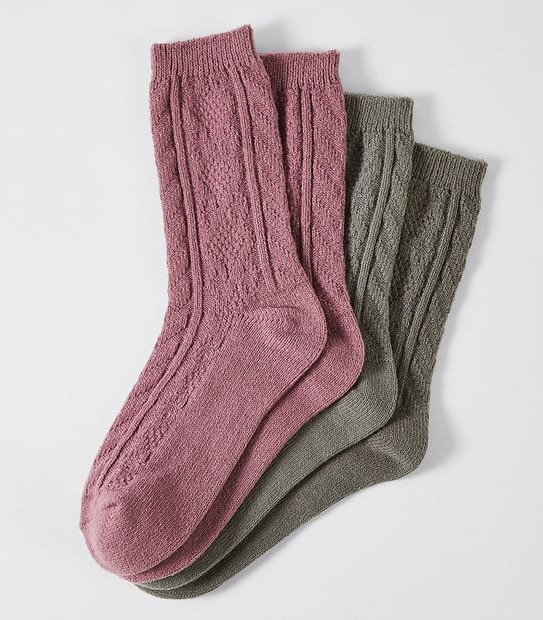2 Pack Cable Knit Boot Crew Socks - Pink/Grey