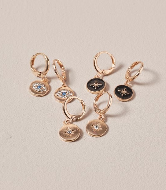 3 Pack Mixed Charm Hoop Earrings