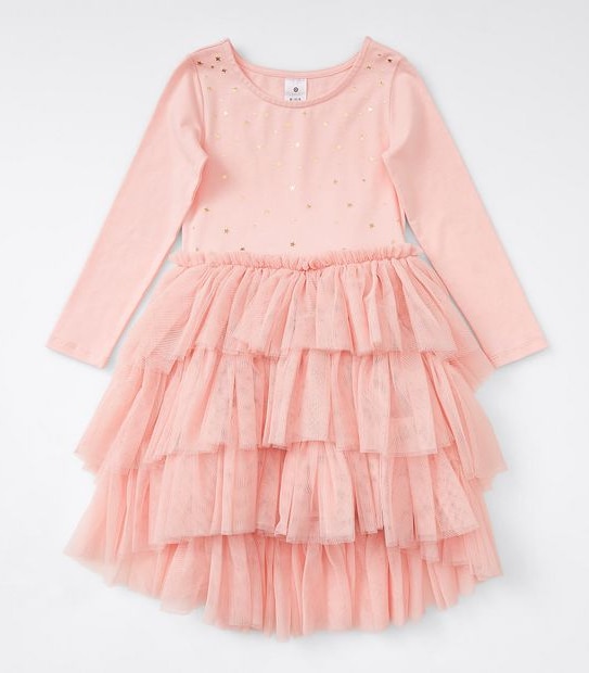 Layered Tulle Long Sleeve Dress - Pink
