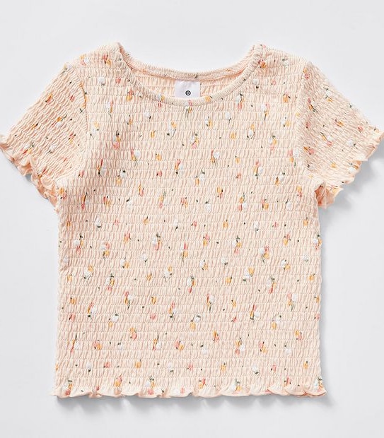 Shirred Short Sleeve Top - Orange Floral