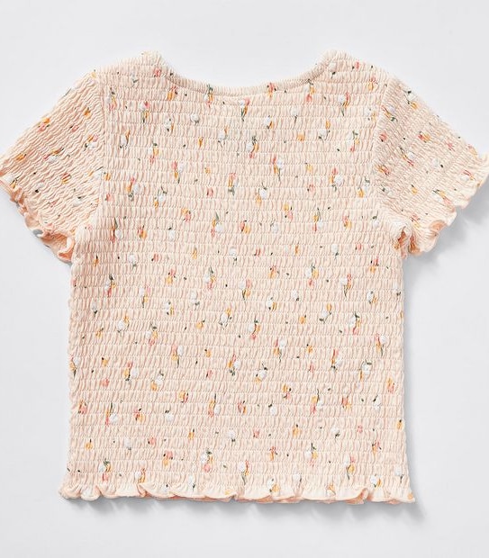 Shirred Short Sleeve Top - Orange Floral