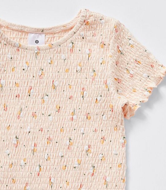 Shirred Short Sleeve Top - Orange Floral