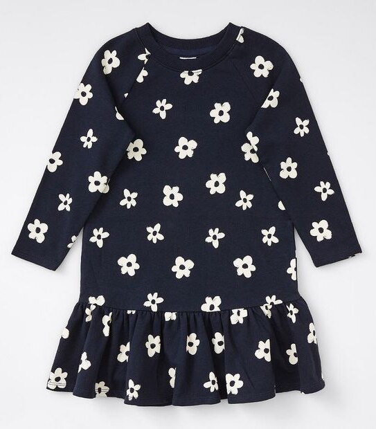 Raglan Sleeve Floral Print Terry Dress - Navy Blue