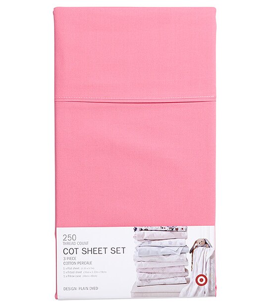 Percale 250 Thread Count 3 Piece Cot Fitted Sheet Set - Pink